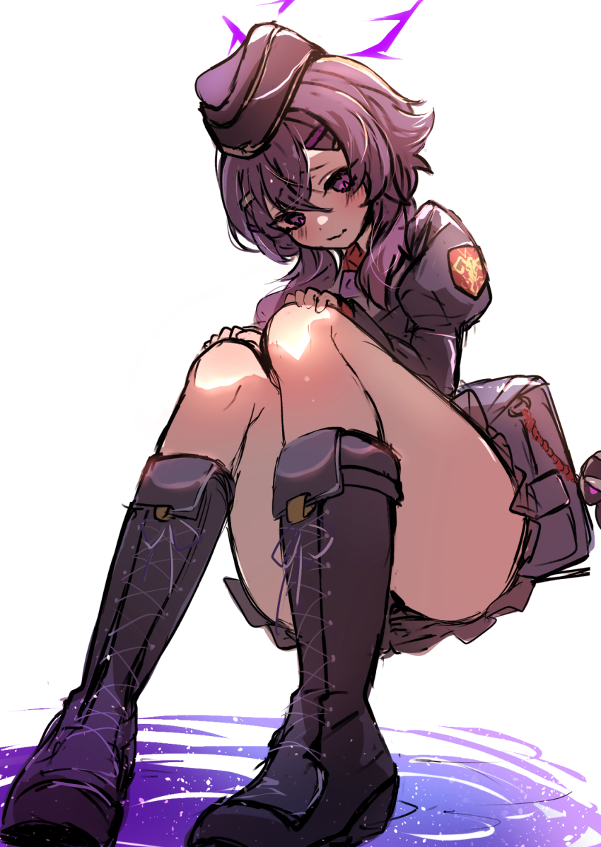 1girl black_coat blue_archive boots coat full_body garrison_cap halo haruka_(blue_archive) hat highres knee_boots long_sleeves medium_hair miniskirt purple_eyes purple_hair purple_halo skirt solo squatting thighhighs yaki_ringo1