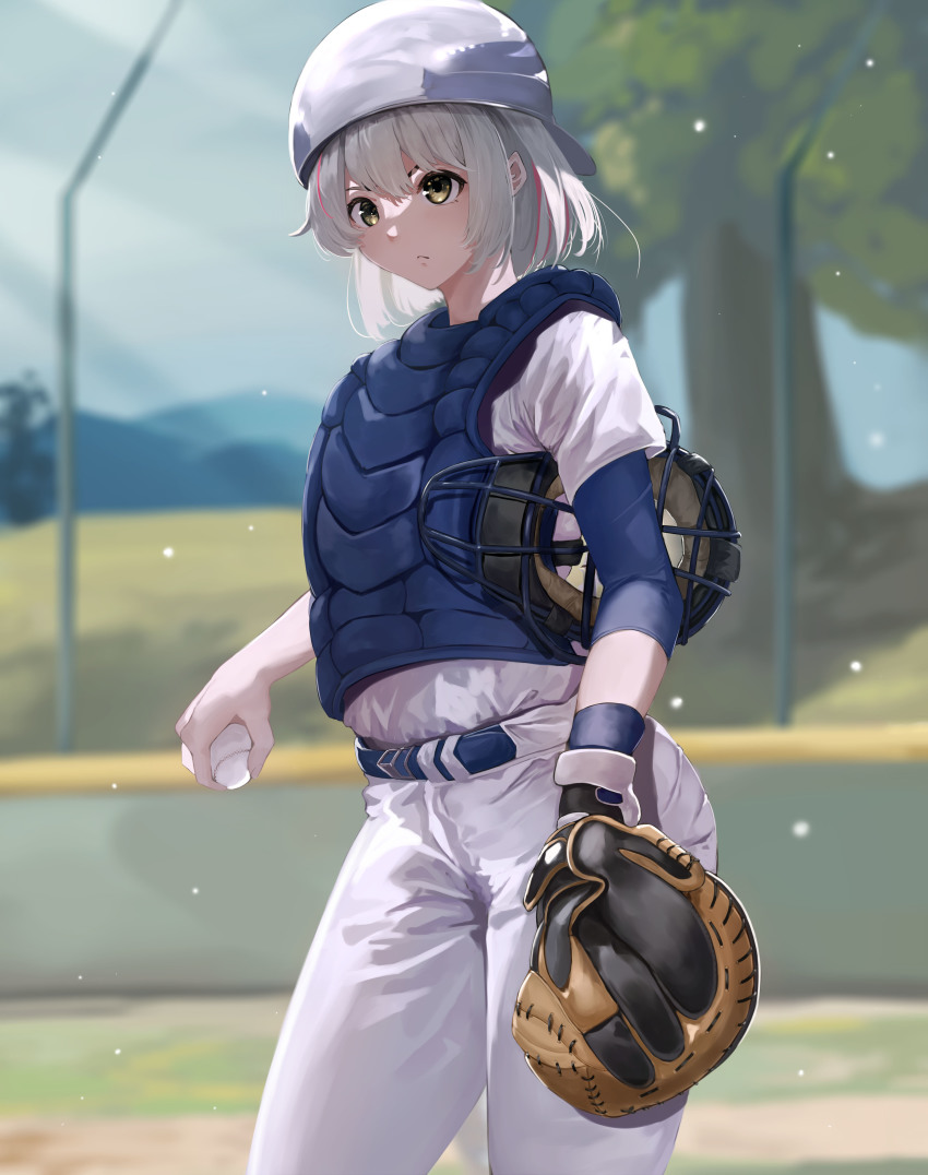 absurdres backwards_hat ball baseball baseball_cap baseball_glove baseball_uniform catcher green_eyes grey_hair hair_behind_ear hat helmet highres holding holding_ball miyu_ottavia multicolored_hair nijisanji nijisanji_id pants pencamp purple_hair short_hair solo sportswear streaked_hair virtual_youtuber white_hat white_pants