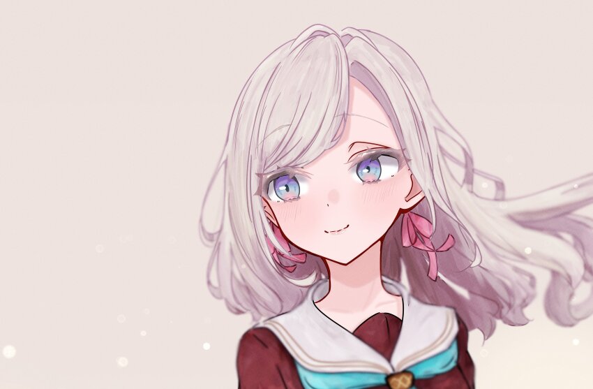 1girl absurdres aqua_neckerchief blue_eyes brown_dress ceras_yanagida_lilienfeld collarbone commentary commentary_typo dress grey_background grey_hair hair_intakes hair_ribbon hashtag-only_commentary hasu_no_sora_school_uniform highres link!_like!_love_live! long_hair long_sleeves looking_to_the_side love_live! neckerchief pink_ribbon rere_88rere ribbon sailor_collar sailor_dress school_uniform simple_background solo swept_bangs virtual_youtuber wavy_hair white_sailor_collar winter_uniform