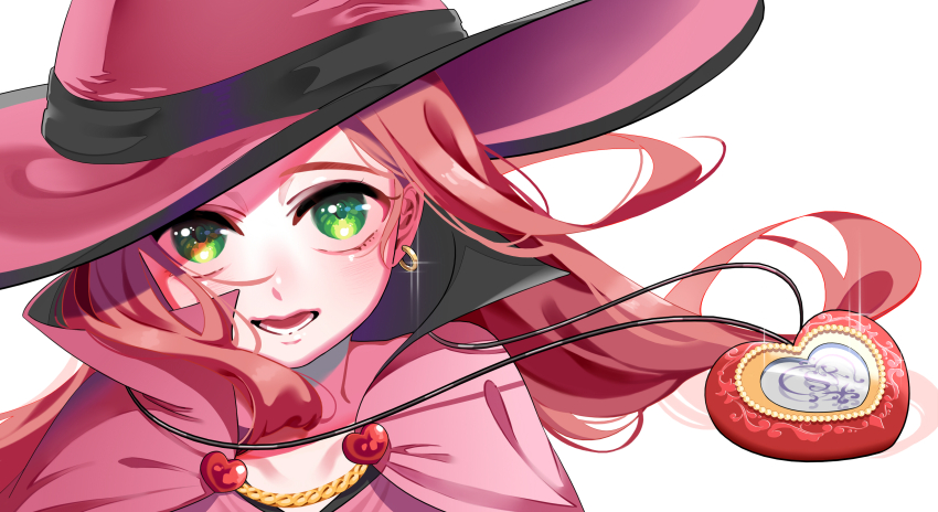 1girl absurdres cape chocolat_meilleure earrings gimdori glint green_eyes hashtag-only_commentary hat heart_pendant highres jewelry long_hair looking_at_viewer open_mouth orange_hair pink_cape pink_hat simple_background solo sugar_sugar_rune white_background witch witch_hat