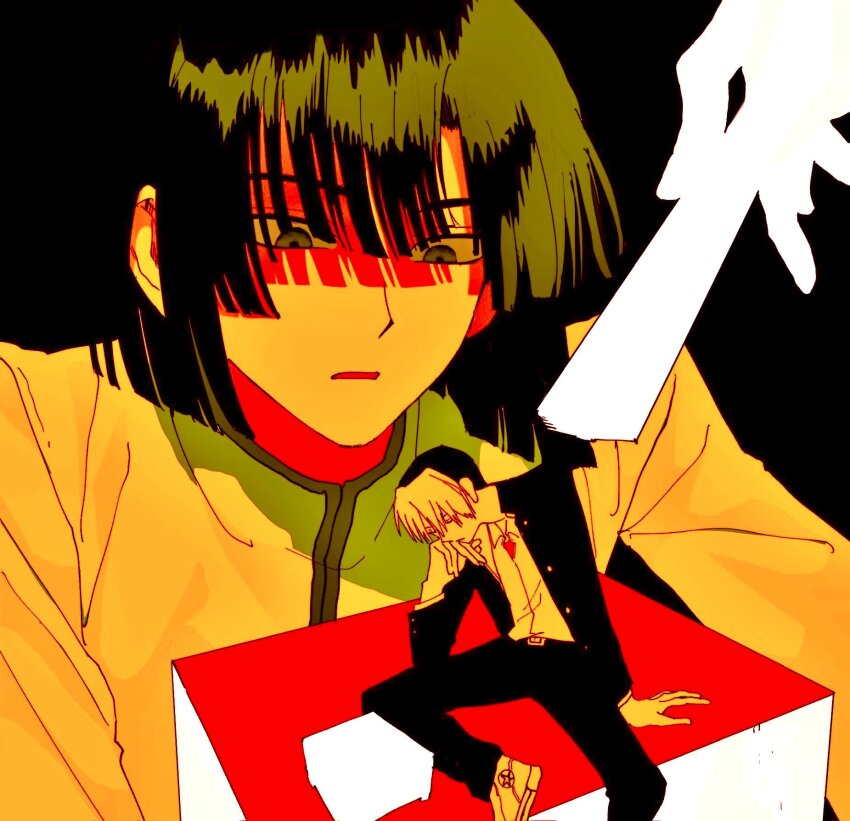 3boys belt black_background black_eyes black_hair blonde_hair closed_mouth collared_shirt elbow_on_thigh elbow_rest fujiwara_no_sai gakuran glaring hand_fan hand_on_floor hand_on_own_chin head_down head_rest highres hikaru_no_go holding holding_fan jacket leaning_forward long_sleeves looking_at_another male_focus medium_hair mini_person miniboy multicolored_hair multiple_boys open_clothes open_jacket orange_theme parted_lips plzdomi school_uniform shindou_hikaru shirt shoes short_hair sitting sneakers spread_legs touya_akira