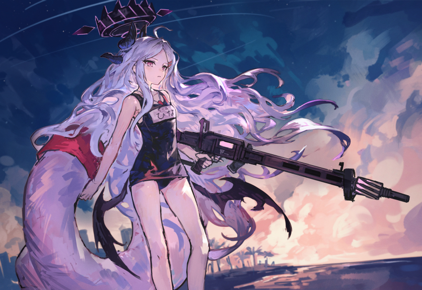 1girl absurdres ahoge beach blue_archive blurry cloud cloudy_sky commentary_request demon_girl demon_horns depth_of_field forehead gun hair_ornament hair_spread_out hairclip halo highres hina_(blue_archive) hina_(swimsuit)_(blue_archive) holding holding_gun holding_weapon horizon horns innertube long_hair machine_gun mg42 name_tag ocean official_alternate_costume official_alternate_hairstyle old_school_swimsuit one_side_up outdoors parted_bangs purple_eyes school_swimsuit sidelocks sky sleeveless solo swim_ring swimsuit twilight wavy_hair weapon whistle whistle_around_neck white_hair wind yanyan_(shinken_gomi)