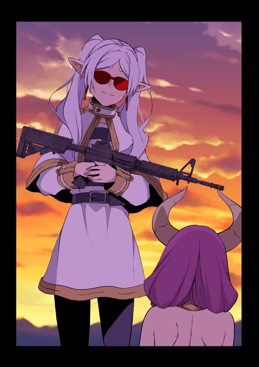 2girls anachronism assault_rifle aura_(sousou_no_frieren) black_border black_pantyhose blurry blurry_background border braid capelet cloud commentary_request demon_girl demon_horns earrings elf frieren from_behind gold_trim gun hair_over_shoulder highres holding holding_weapon horns long_hair long_sleeves m16 m16a4 mountainous_horizon multiple_girls orange-tinted_eyewear orange_sky outdoors pantyhose parted_bangs pendant_earring pointy_ears purple_hair rifle shirt skirt sky sleeve_cuffs smile sousou_no_frieren standing striped_clothes striped_shirt sunglasses sunset teardrop_earrings tinted_eyewear weapon white_capelet white_skirt yasehattagi