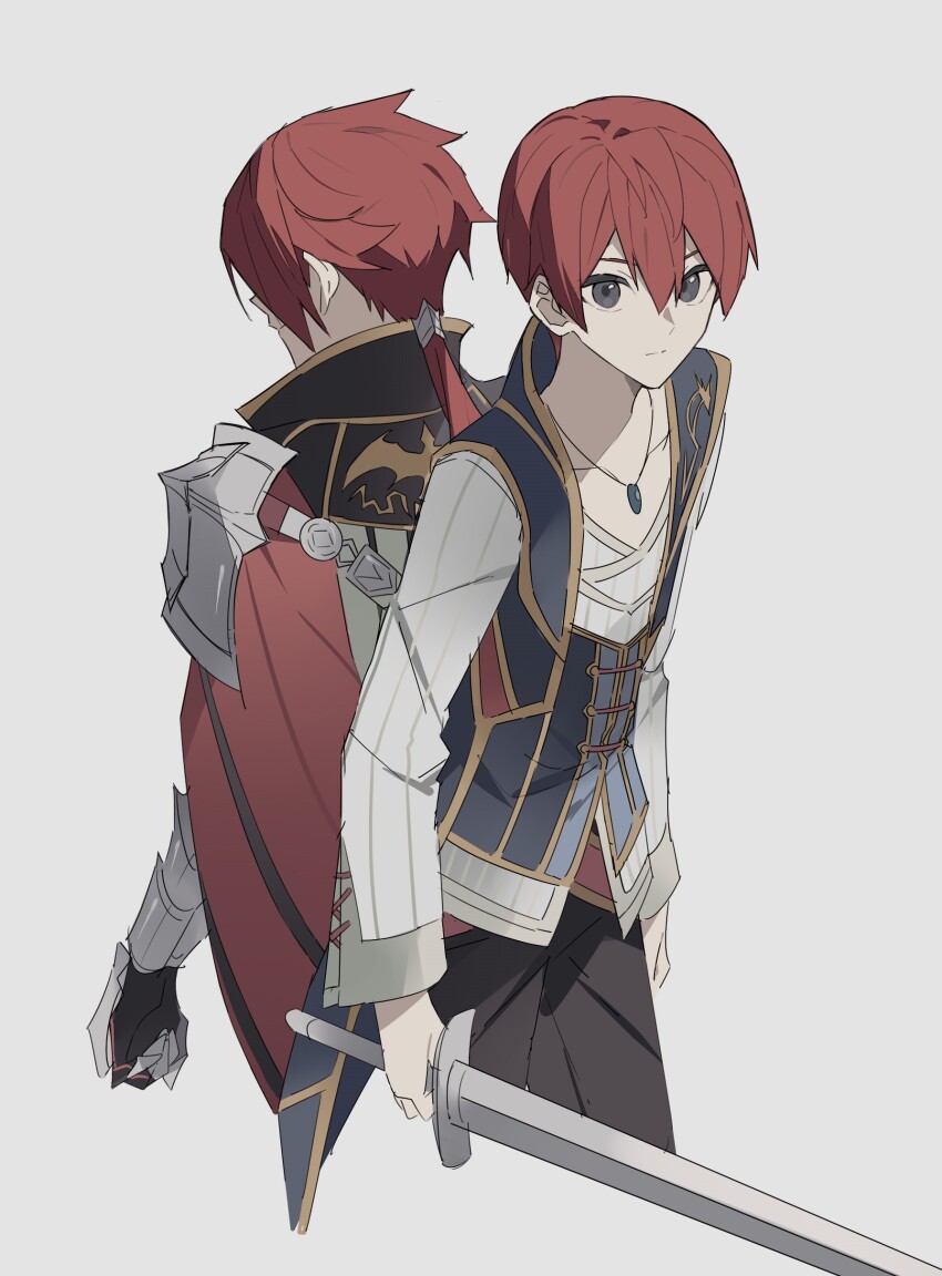 2boys absurdres adol_christin cape commentary crimson_king_(ys) dual_persona gauntlets george_man grey_eyes highres holding holding_sword holding_weapon jewelry long_hair low_ponytail male_focus multiple_boys necklace ponytail red_hair short_hair simple_background sword weapon white_background ys ys_ix:_monstrum_nox