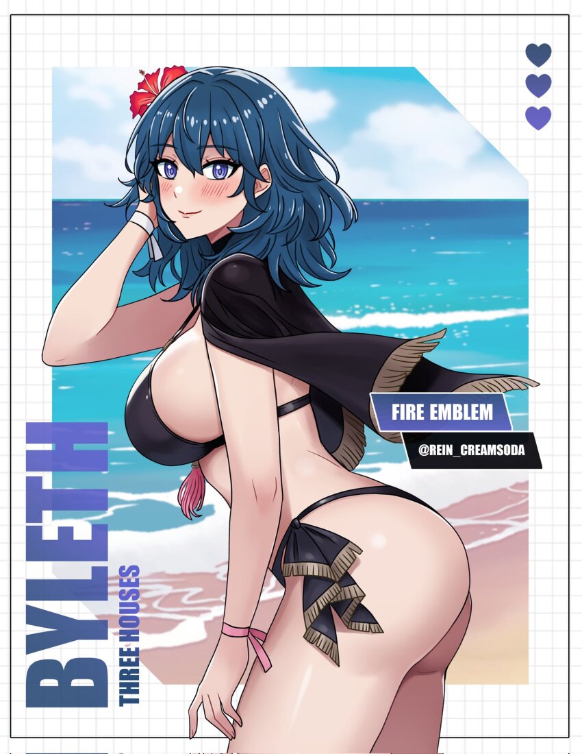 1girl artist_name ass bikini black_bikini blue_eyes blue_hair blue_sky blush breasts character_name closed_mouth cloud cloudy_sky commentary copyright_name day female_byleth_(fire_emblem) female_byleth_(summer)_(fire_emblem) female_focus fingernails fire_emblem fire_emblem:_three_houses fire_emblem_heroes flower from_side hair_flower hair_ornament hand_up hibiscus highres lips long_hair looking_at_viewer medium_breasts nintendo ocean official_alternate_costume outdoors rein_creamsoda shiny_skin sky smile solo swimsuit thighs twitter_username water