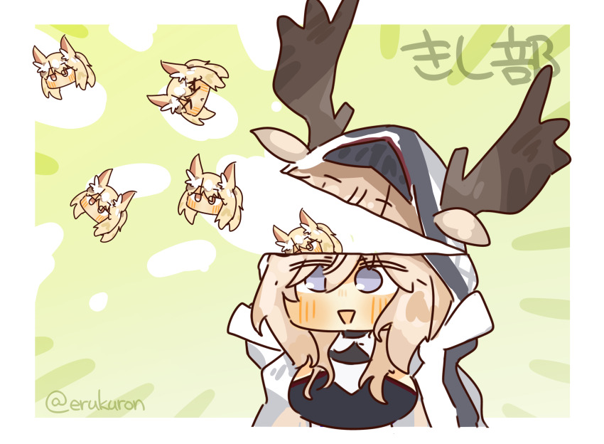 1girl animal_ears antlers arknights blonde_hair blue_eyes breasts chibi deer_ears deer_girl head_only highres hood horns large_breasts lcron nearl_(arknights) open_skull parody shikanoko_nokonoko_koshitantan smile solo species_connection triangle_mouth viviana_(arknights)