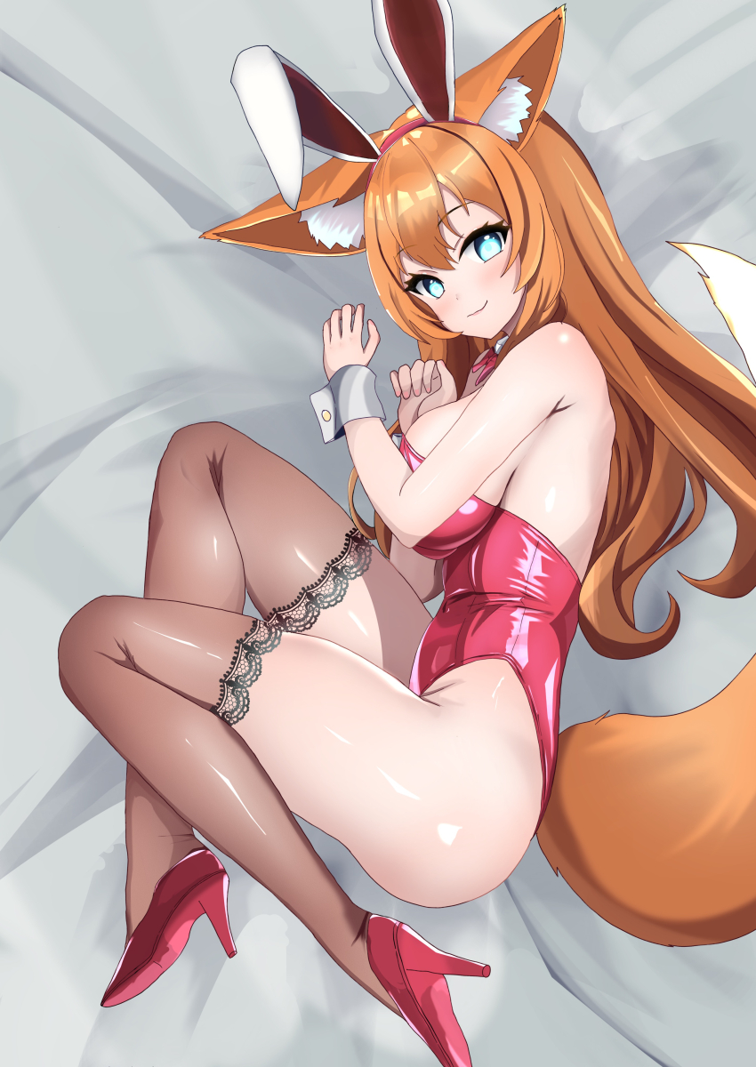 1girl absurdres animal_ear_fluff animal_ears armpit_crease bare_arms bare_shoulders bed_sheet blue_eyes bow bowtie breasts brown_hair brown_tail brown_thighhighs closed_mouth commission eyelashes fake_animal_ears fox_ears fox_girl fox_tail from_side full_body hair_between_eyes hairband hands_up high_heels highres knees_up lace lace-trimmed_thighhighs lace_trim large_breasts leotard light_blush long_hair looking_at_viewer looking_to_the_side lying on_bed on_side original playboy_bunny rabbit_ears red_bow red_bowtie red_hairband red_leotard red_shoes shiny_skin shoes skeb_commission smile solo strapless strapless_leotard tail thick_thighs thighhighs thighs uma_(uma_mohumohu) white_wrist_cuffs wrist_cuffs