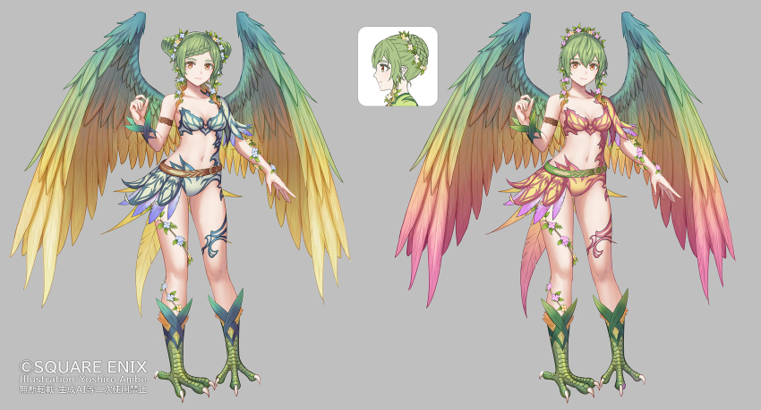 1girl alternate_color alternate_hairstyle anbe_yoshirou arm_strap artist_name belt blue_bra blue_flower blue_panties bra braid braided_bangs braided_bun breasts brown_eyes cleavage closed_mouth collarbone commentary_request copyright_notice feathered_wings flower full_body gradient_wings green_hair green_wings grey_background hair_bun half-harpy highres oversized_wings medium_hair monster_girl multicolored_wings navel official_art panties pink_flower red_wings romancing_saga_2 saga short_hair small_breasts smile standing stomach underwear windie_(romancing_saga_2) wings yellow_bra yellow_panties yellow_wings