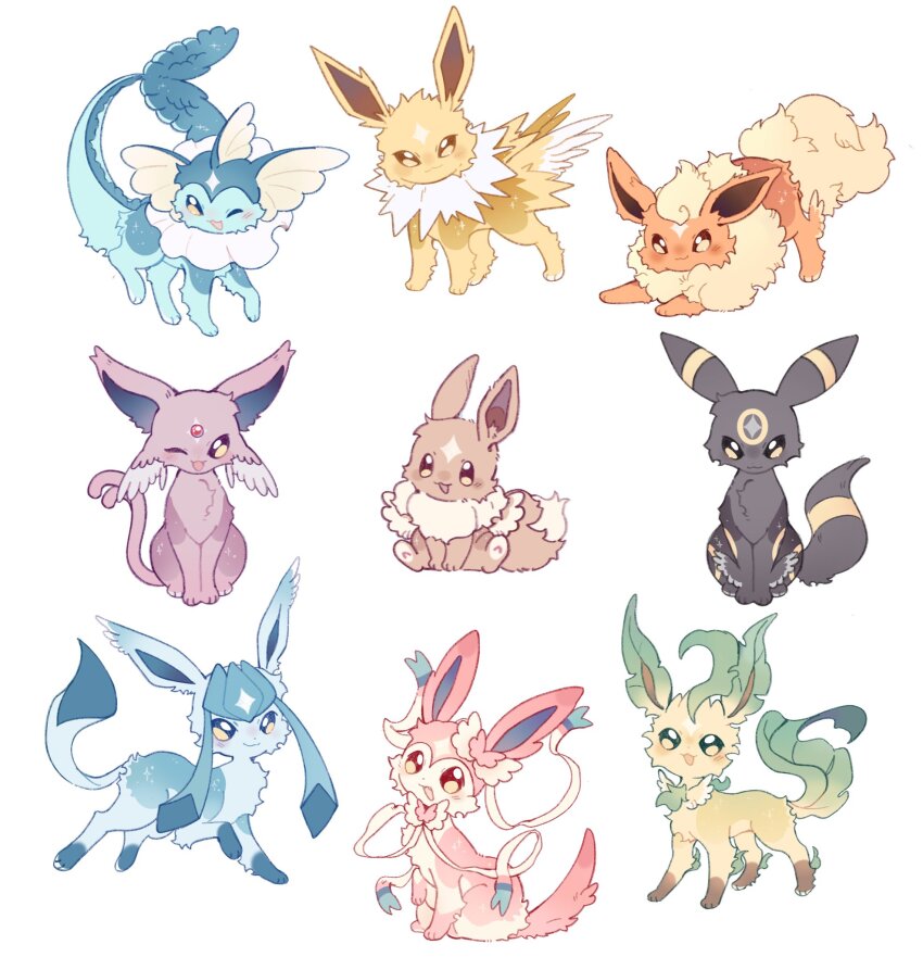 :d animal_focus animal_hands black_eyes black_fur blue_eyes blue_fur bow brown_eyes brown_fur eevee espeon facial_mark feathers fins fish_tail flareon forehead_jewel forehead_mark full_body fumi03 gen_1_pokemon gen_2_pokemon gen_4_pokemon gen_6_pokemon glaceon green_fur head_fins highres jolteon leaf leafeon looking_at_viewer neck_fur nintendo one_eye_closed open_mouth orange_fur pink_fur pokemon pokemon_(creature) purple_fur ribbon sidelocks simple_background sitting smile spiked_tail standing star_(symbol) sylveon tail umbreon vaporeon white_background white_fur yellow_fur