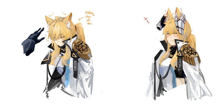 1girl 2others absurdres ahoge animal_ear_fluff animal_ears arknights blonde_hair blush breasts character_request closed_eyes closed_mouth coat collared_coat commentary_request disembodied_hand highres horse_ears kotcate medium_breasts medium_hair multiple_others nearl_(arknights) nearl_the_radiant_knight_(arknights) open_clothes open_coat ponytail shirt sidelocks simple_background translation_request upper_body vietnamese_commentary vietnamese_text white_background white_coat white_shirt