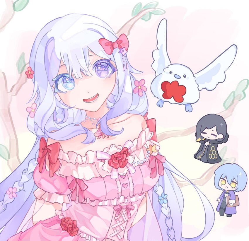 3girls absurdres angela_(project_moon) angelica_(project_moon) binah_(project_moon) blue_eyes blue_hair bow braid closed_eyes closed_mouth dress frilled_dress frilled_sleeves frills highres jewelry kyuncat library_of_ruina long_hair low_twintails multiple_girls necklace off-shoulder_dress off_shoulder open_mouth pink_bow pink_dress project_moon puffy_short_sleeves puffy_sleeves punishing_bird red_bow short_hair short_sleeves sidelocks smile twintails very_long_hair white_hair yellow_eyes