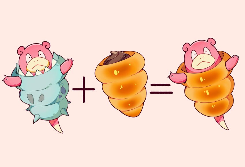 :&lt; black_eyes chocolate_cornet claws closed_mouth commentary_request equal_sign equation food game_freak gen_1_pokemon highres korean_commentary looking_at_viewer mega_pokemon mega_slowbro nintendo no_humans plus_sign pokemon pokemon_(creature) selyg15 simple_background slowbro