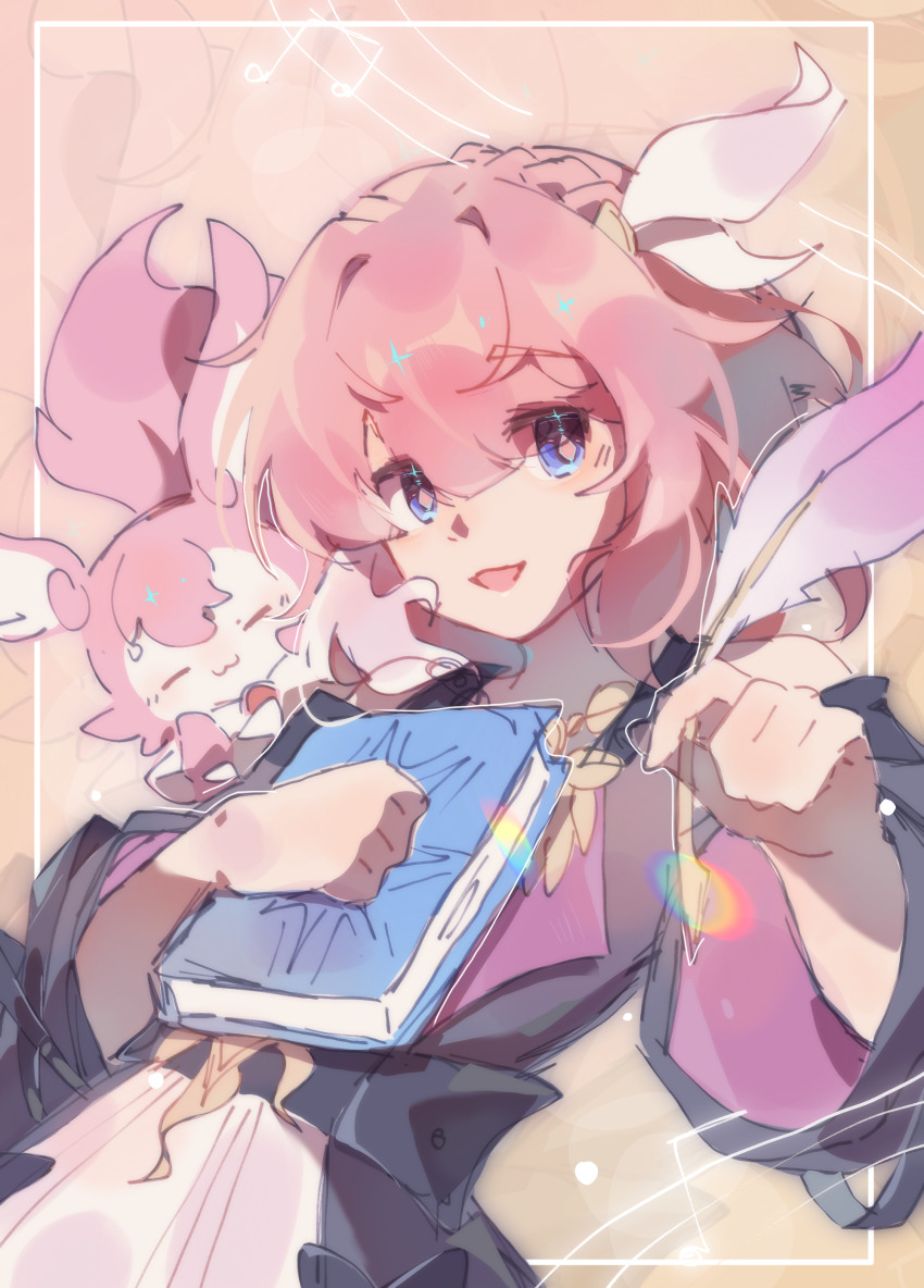1girl absurdres blue_eyes book chinese_commentary coat commentary_request cyrene_(honkai:_star_rail) dress highres holding holding_book holding_quill honkai:_star_rail honkai_(series) medium_hair mem_(honkai:_star_rail) musical_note open_mouth pink_fur pink_hair pink_pupils purple_coat quill wantangmao white_dress