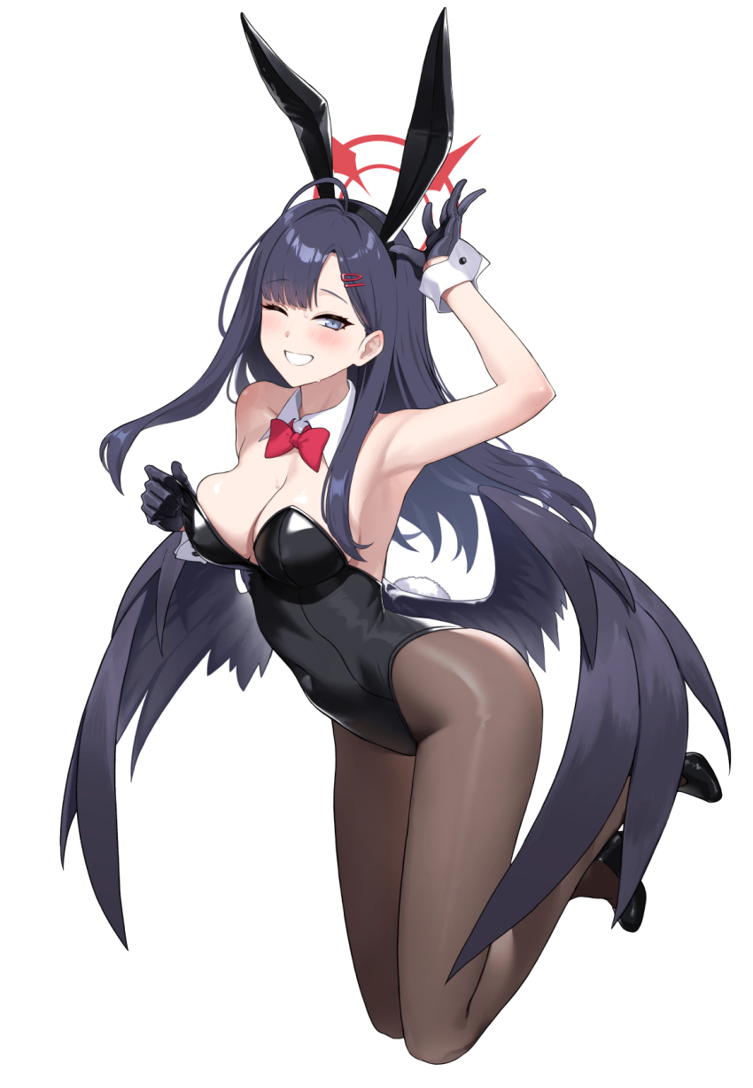 1girl alternate_costume animal_ears bare_shoulders black_hair black_leotard black_wings blue_archive blue_eyes blush breasts brown_pantyhose covered_navel detached_collar fake_animal_ears feathered_wings grin hair_ornament hairclip halo high_heels highleg highleg_leotard highres ichika_(blue_archive) large_breasts leotard long_hair one_eye_closed pantyhose playboy_bunny prime_(prime_tw) rabbit_ears rabbit_tail smile solo tail wings wrist_cuffs