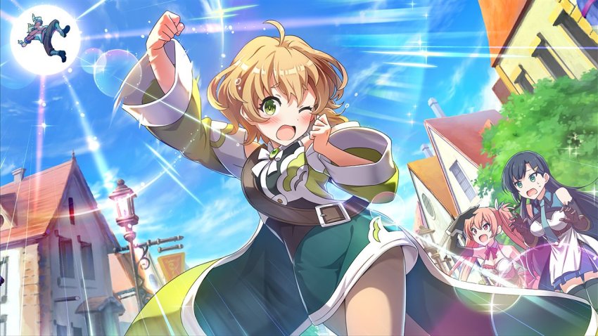 3girls ahoge blonde_hair blue_sky blush cielo_(konosuba) day dust_(konosuba) erika_(konosuba) kono_subarashii_sekai_ni_shukufuku_wo! konosuba!_fantastic_days lia_(konosuba) multiple_girls official_art one_eye_closed outdoors punching short_hair sky sun thighhighs