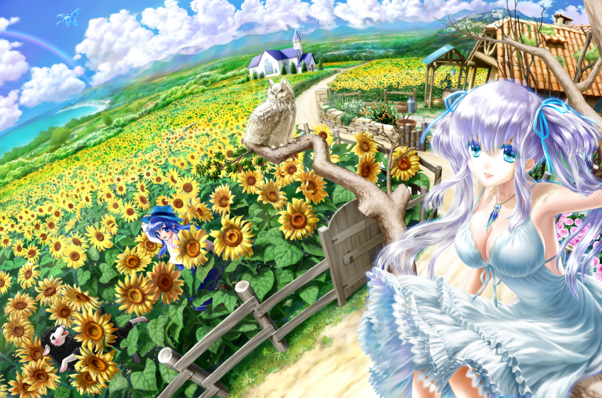 2girls bird black_sheep blue_eyes blue_hair blush breasts cleavage cloud day dress flower hair_ribbon hat highres jewelry large_breasts long_hair lorna mabinogi multiple_girls nao_(mabinogi) necklace owl pan_(mabinogi) purple_hair rainbow ribbon sheep sitting skirt sky smile sunflower tougami branch twintails