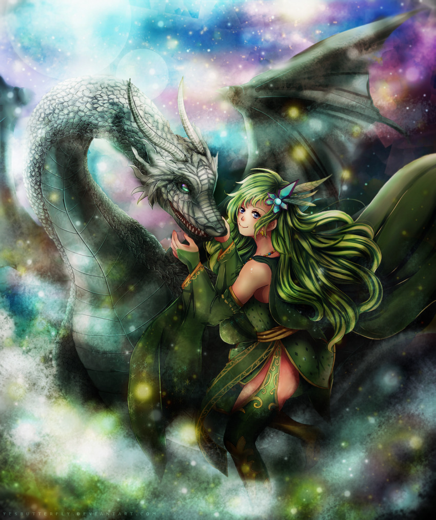 1girl bead_necklace beads blue_eyes bridal_gauntlets cape diamond_print dragon dragon_wings earrings feather_hair_ornament feathers final_fantasy final_fantasy_iv full_moon furisode_sleeves gloves green_cape green_gloves green_hair green_leotard green_sleeves green_thighhighs hair_ornament hands_up highres horns jewelry leotard long_hair looking_at_viewer mist_dragon moon multiple_moons nebula necklace pelvic_curtain rydia_(ff4) sash sky smile star_(sky) star_(symbol) star_earrings star_print starry_sky thighhighs white_scales wide_sleeves wings yellow_sash yesbutterfly