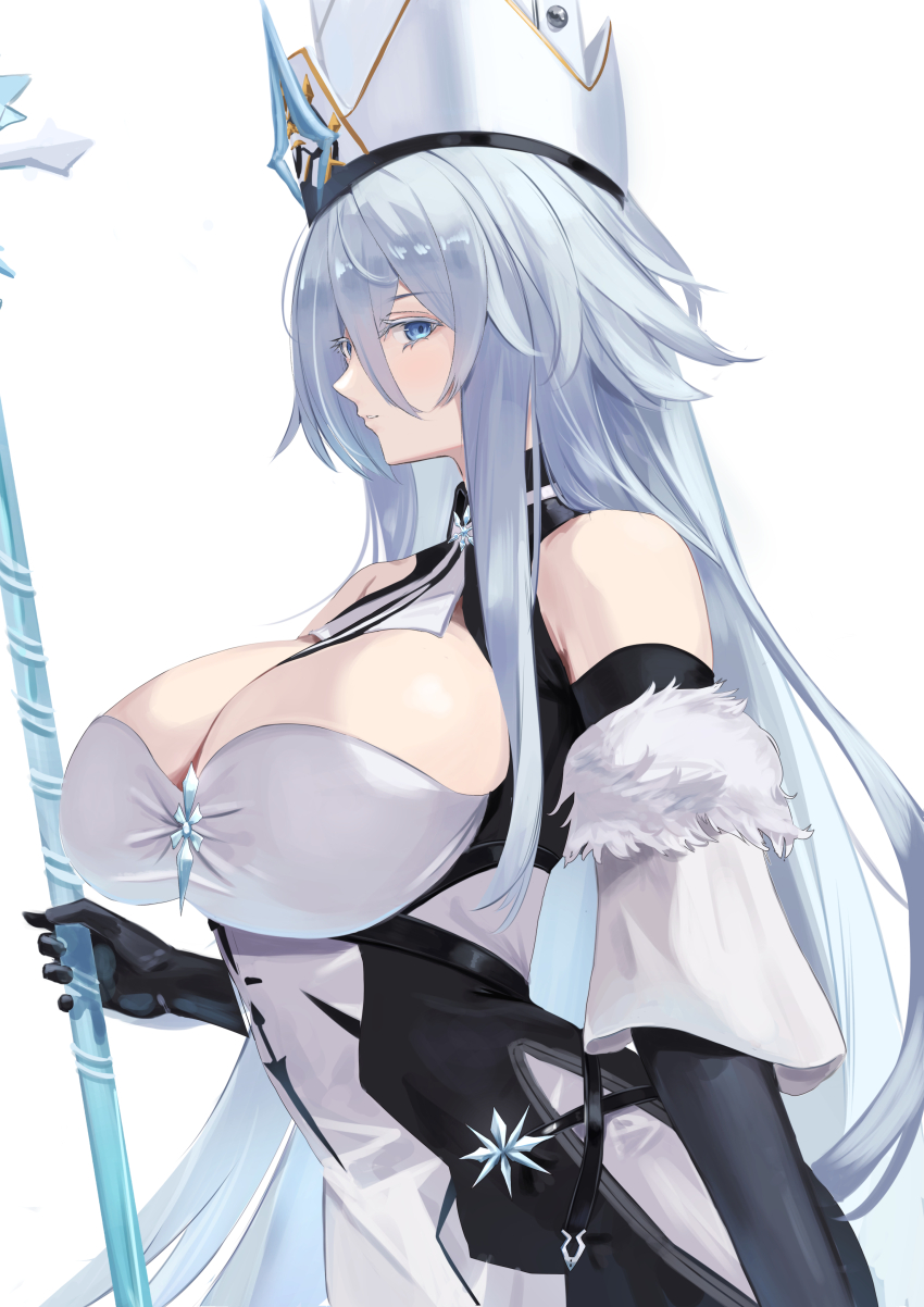 1girl absurdres azur_lane bare_shoulders black_gloves blue_eyes breasts cleavage coat_dress dress elbow_gloves framed_breasts from_side gloves hair_between_eyes highres huge_breasts long_bangs long_hair looking_at_viewer remapack77 simple_background solo sovetsky_soyuz_(azur_lane) very_long_hair white_background white_dress white_hair white_headwear