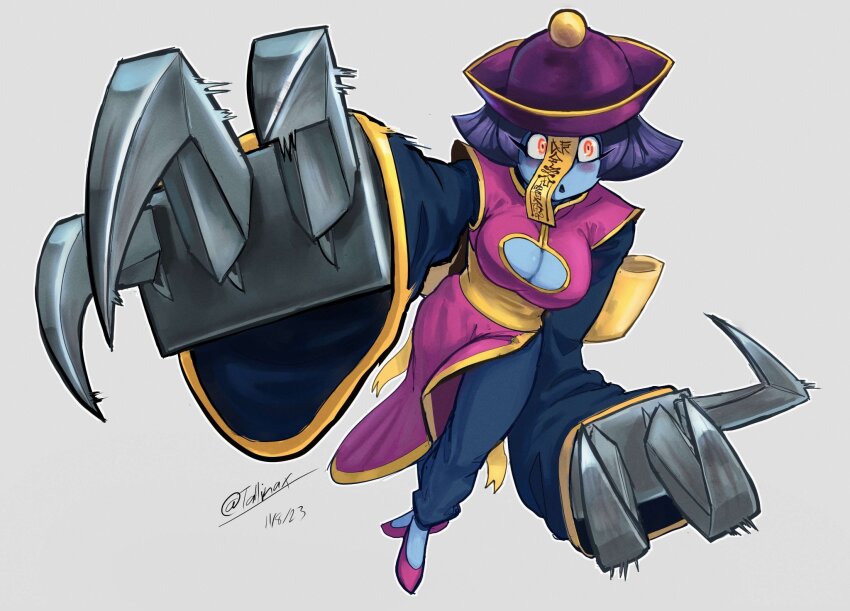 1girl blue_skin blush breasts claws cleavage colored_skin darkstalkers hat highres hsien-ko large_breasts long_sleeves orange_eyes pants purple_hair sleeves_past_wrists tallinax