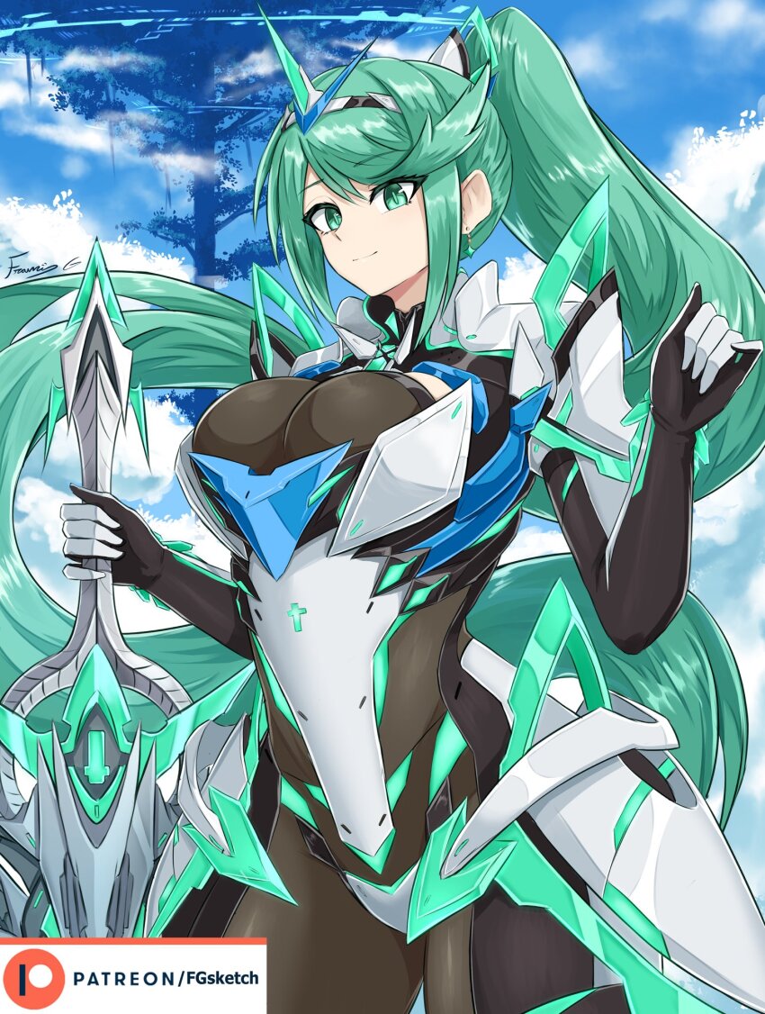 1girl aegis_sword_(xenoblade) armor armored_bodysuit breasts chest_jewel cleavage closed_mouth core_crystal_(xenoblade) earrings fgsketch gem gloves green_eyes green_hair hair_ornament headpiece highres jewelry large_breasts long_hair looking_at_viewer neon_trim pneuma_(xenoblade) ponytail smile solo swept_bangs tiara very_long_hair xenoblade_chronicles_(series) xenoblade_chronicles_2