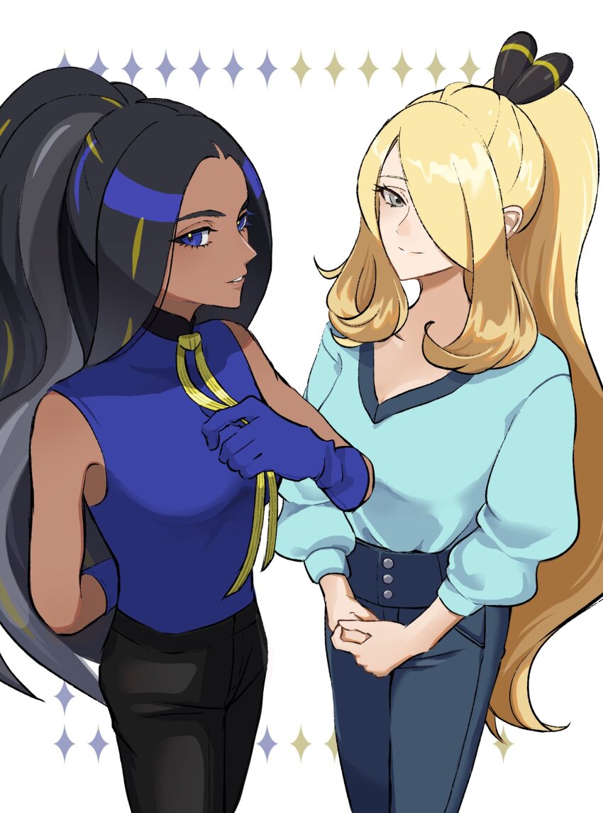 2girls black_hair blonde_hair blue_eyes blue_gloves breasts closed_mouth cynthia_(pokemon) dark-skinned_female dark_skin eyelashes geeta_(pokemon) gloves grey_eyes hair_ornament hair_over_one_eye highres long_hair long_sleeves looking_at_viewer mijukuma multiple_girls neck_ribbon nintendo pants pokemon pokemon_(anime) pokemon_journeys pokemon_sv pokemon_swsh122 ponytail ribbon shirt simple_background smile sweat very_long_hair