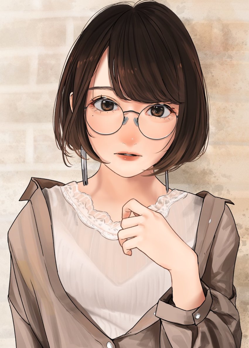1girl blush bob_cut brown_eyes brown_hair brown_jacket earrings glasses hand_up highres jacket jewelry lace lace_trim lips lipstick long_sleeves looking_at_viewer makeup mole mole_under_eye open_clothes open_jacket original parted_lips round_eyewear saitou_(lynx-shrike) shirt short_hair solo wall white_shirt