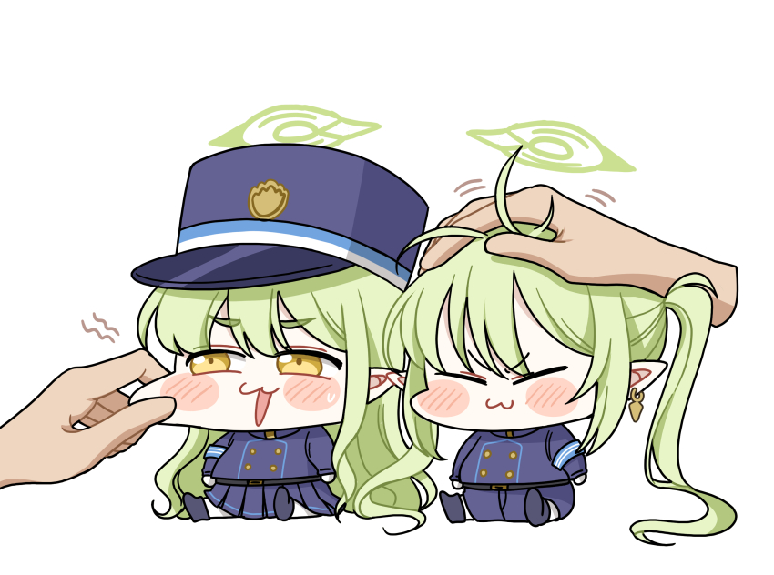 1other 2girls :3 ambiguous_gender armband arms_at_sides belt belt_buckle black_belt black_shoes blue_archive blue_armband blue_hat blue_jacket blue_shorts blue_skirt blush_stickers buckle buttons cheek_pinching chibi chibi_only clip_studio_paint_(medium) closed_eyes closed_mouth commentary_request ddungddang disembodied_hand double-breasted earrings full_body furrowed_brow green_hair green_halo halo hat headpat highres hikari_(blue_archive) jacket jewelry korean_commentary long_hair long_sleeves mini_person minigirl motion_lines multiple_girls nozomi_(blue_archive) open_mouth pantyhose pinching pleated_skirt pointy_ears puffy_cheeks ruffling_hair shoes shorts siblings simple_background sisters sitting skirt skirt_set smirk sweatdrop train_conductor twins twintails v-shaped_eyebrows very_long_hair white_background white_pantyhose yellow_eyes