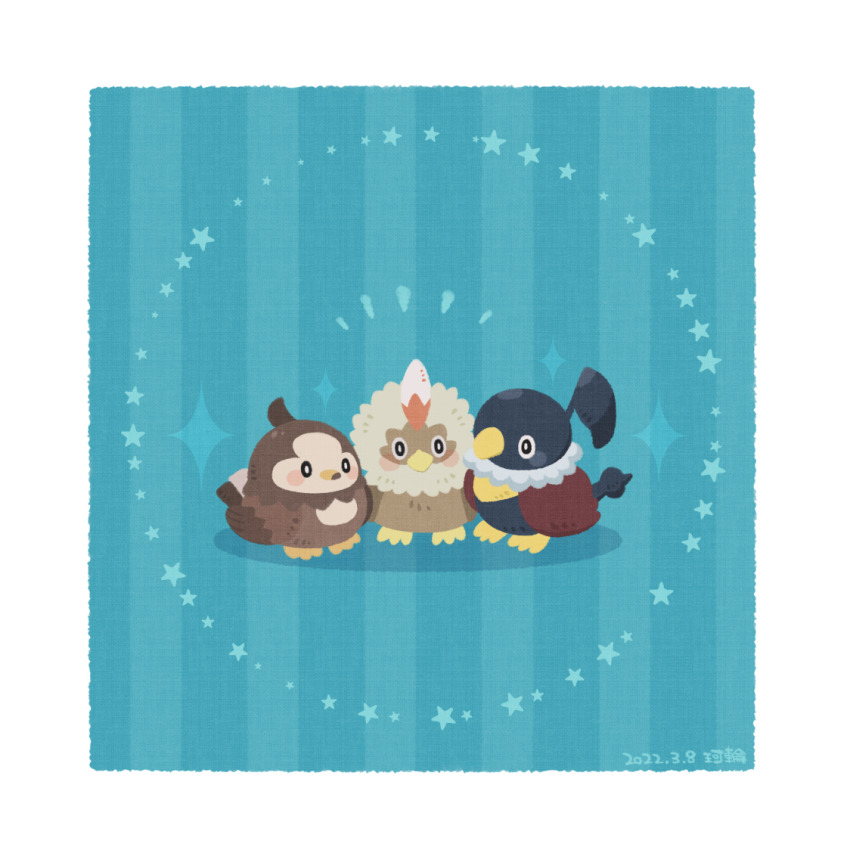alternate_color animal_focus bird black_eyes blue_background blush_stickers border bright_pupils chatot dated full_body gen_4_pokemon gen_5_pokemon karin_(100100) nintendo no_humans pokemon pokemon_(creature) rufflet shiny_pokemon signature sparkle starly striped_background white_border white_pupils