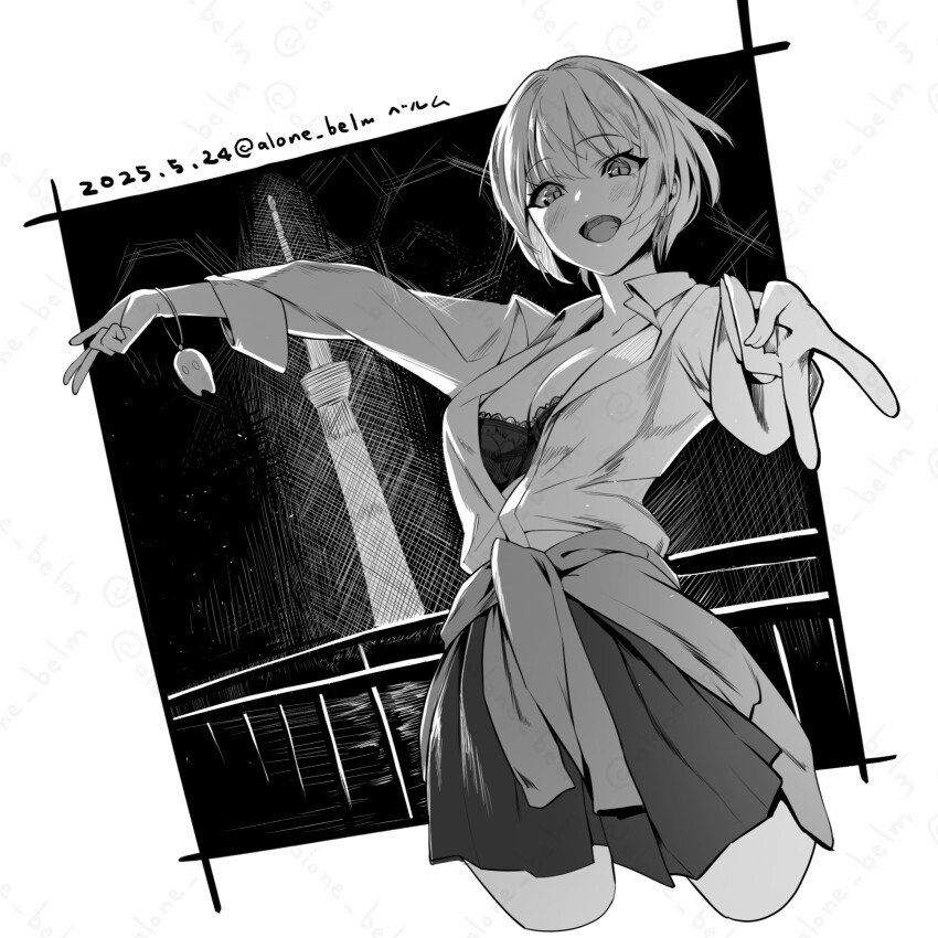 1girl alone_belm blush border bra bracelet breasts building cardigan cardigan_around_waist charm_(object) choppy_bangs clothes_around_waist collared_shirt commentary_request contrapposto cropped_legs crosshatching double_v fence gyaru happy hatching_(texture) highres iron_fence jewelry kogal lace lace-trimmed_bra lace_trim large_breasts long_sleeves medium_breasts monochrome night open_clothes open_mouth open_shirt original outside_border outstretched_arms pleated_skirt school_uniform shirt short_hair sidelocks skirt smile solo tongue underwear v water white_border