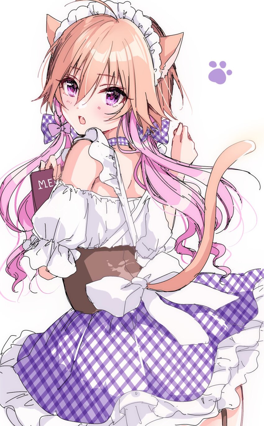 1girl animal_ears back_bow bare_shoulders blush bow braid cat_ears cat_girl cat_tail choker clothing_cutout commentary_request cowboy_shot double-parted_bangs fang frilled_skirt frills from_behind garter_straps hair_between_eyes hair_flaps hands_up highres holding idolmaster idolmaster_cinderella_girls long_hair looking_at_viewer looking_back maid_headdress multicolored_hair ninomiya_asuka nuno_kire open_mouth orange_hair orange_tail pink_eyes pink_hair plaid_choker plaid_clothes plaid_skirt puffy_short_sleeves puffy_sleeves purple_choker purple_skirt shirt short_sleeves simple_background single_braid skirt solo standing tail tail_through_clothes tongue two-tone_hair white_background white_bow white_headdress white_shirt