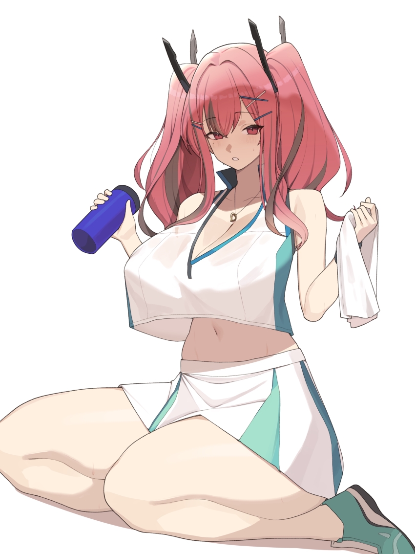 1girl absurdres azur_lane blush breasts bremerton_(azur_lane) bremerton_(scorching-hot_training)_(azur_lane) cleavage crop_top crop_top_overhang grey_streaks hair_ornament highres holding holding_towel holding_tumbler kurowanjjyang large_breasts looking_at_viewer multicolored_hair navel official_alternate_costume pink_eyes pink_hair shirt simple_background skirt solo sportswear streaked_hair sweat tennis_uniform thick_thighs thighs towel twintails two-tone_shirt two-tone_skirt white_background white_shirt white_skirt x_hair_ornament