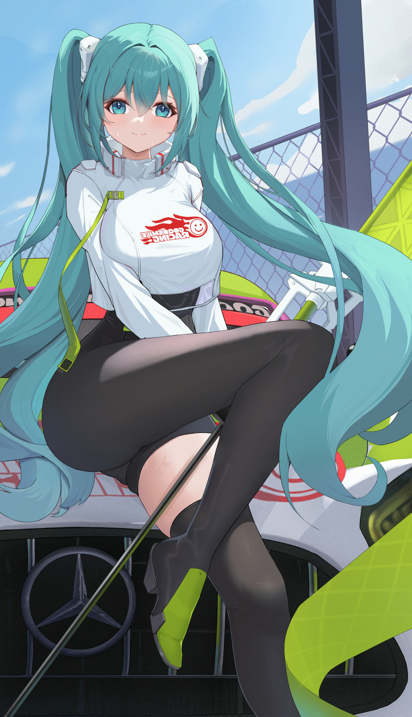 1girl absurdres aqua_eyes aqua_hair asymmetrical_clothes black_thighhighs blue_sky breasts car day hatsune_miku high-waist_pants high_heels highres jacket long_hair long_sleeves looking_at_viewer mercedes-benz mirrored_text motor_vehicle official_alternate_costume on_car pants racing_miku racing_miku_(2022) single_pantsleg single_thighhigh sitting sky smile solo thighhighs twintails very_long_hair vocaloid wen3366 white_jacket