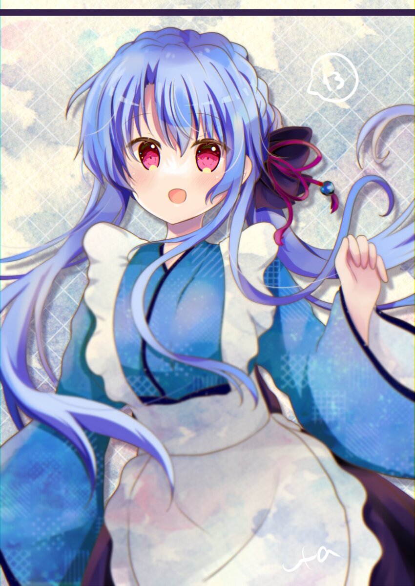 1girl :d alternate_costume apron black_bow black_skirt blue_kimono blush bow braid commentary_request cowboy_shot crown_braid drop_shadow enmaided episode_number floating_hair frilled_apron frills hair_between_eyes hair_bow hair_ribbon hand_up happy highres japanese_clothes kimono long_hair long_sleeves looking_at_viewer maid maid_apron open_mouth red_eyes red_ribbon ribbon skirt smile solo sorakado_ao speech_bubble summer_pockets ura_(ura-tennislove) very_long_hair wa_maid white_apron wide_sleeves