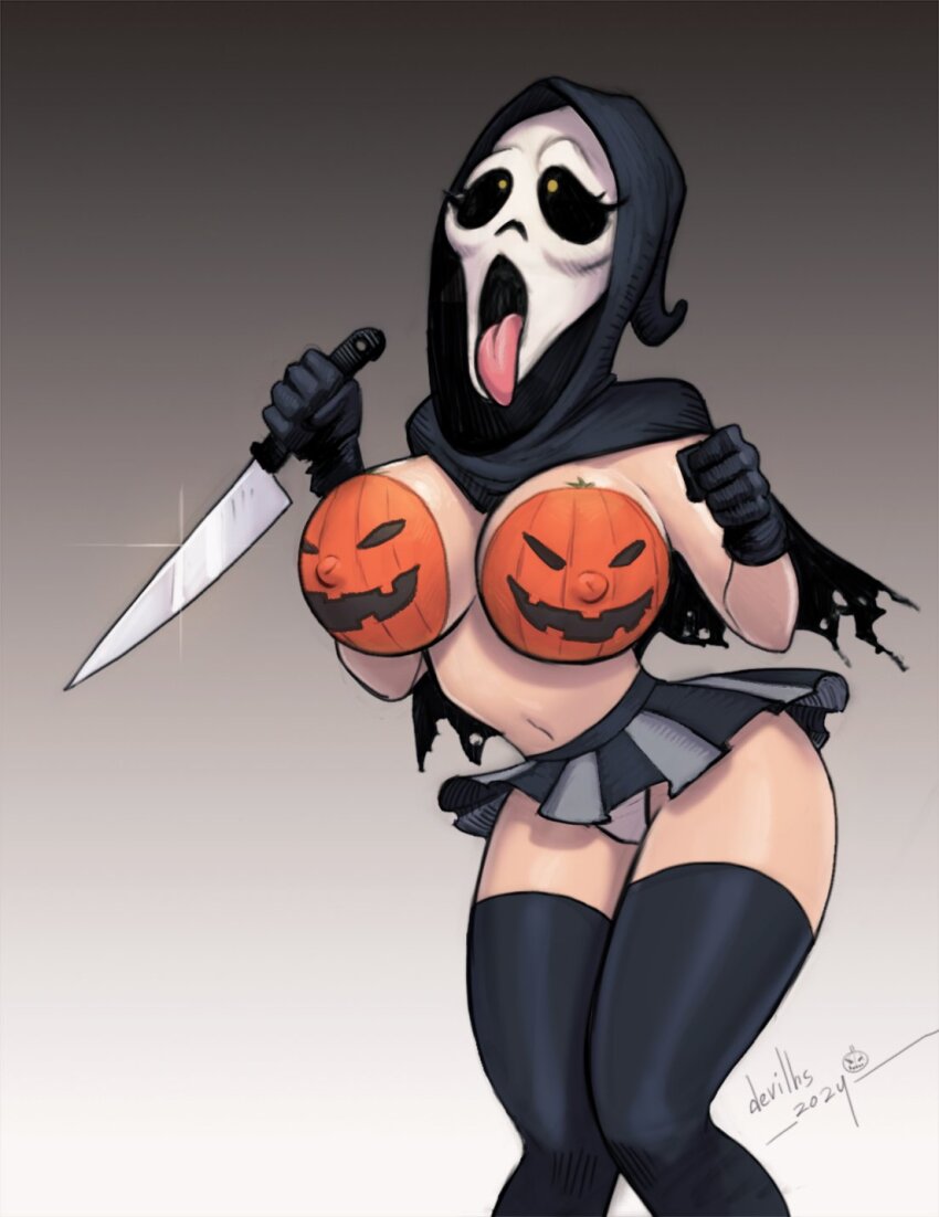 1girl ahegao black_gloves black_skirt black_thighhighs bodypaint breasts devilhs genderswap genderswap_(mtf) ghostface gloves gradient_background grey_background halloween halloween_costume highres holding holding_knife jack-o&#039;-lantern knife large_breasts microskirt navel nipples panties pleated_skirt scream_(movie) signature skirt thighhighs tongue tongue_out underwear white_panties wide_hips