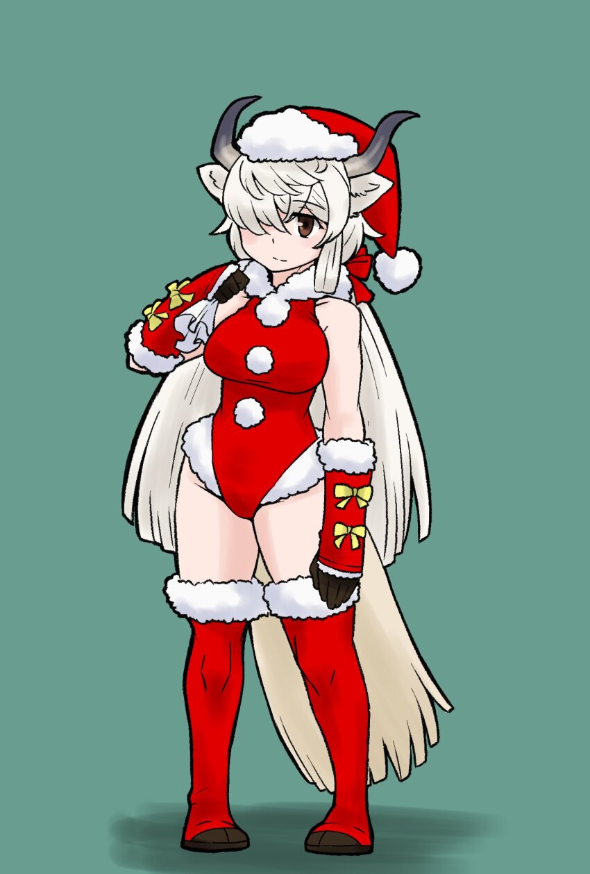 1girl alternate_costume bare_shoulders brown_eyes commentary_request fur_collar fur_trim gloves gravi_pig4891 hair_bun highres kemono_friends leotard long_hair ox_ears ox_girl ox_horns red_gloves red_leotard red_thighhighs sack santa_costume santa_leotard sleeveless solo thighhighs twintails white_fur yak_(kemono_friends) zettai_ryouiki