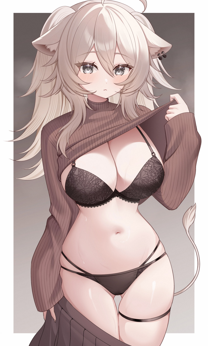 1girl absurdres ahoge alternate_costume animal_ear_fluff animal_ear_piercing animal_ears black_bra black_panties border bra breasts cleavage closed_mouth clothes_lift clothes_pull cowboy_shot demcheg double-parted_bangs grey_background grey_eyes grey_hair grey_skirt grey_sweater hair_between_eyes hand_up highres hololive lace lace-trimmed_bra lace_trim large_breasts lion_ears lion_tail long_hair long_sleeves looking_at_viewer messy_hair multi-strapped_panties navel panties pleated_skirt ribbed_sweater shishiro_botan sidelocks simple_background skirt skirt_pull solo stomach sweater sweater_lift tail thigh_gap thigh_strap turtleneck turtleneck_sweater two_side_up underwear virtual_youtuber white_border