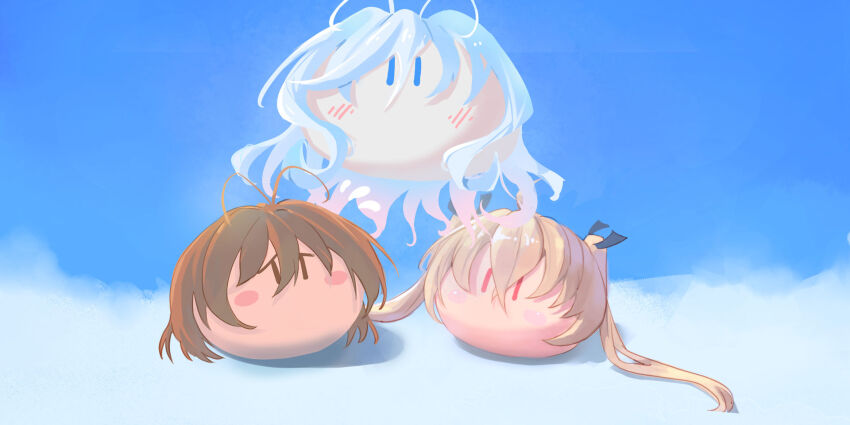 3girls antenna_hair atri atri-my_dear_moments- bad_source black_ribbon blue_background blue_eyes blue_hair blush blush_stickers brown_eyes brown_hair clannad crossover dango_daikazoku drop_shadow frown full_body furukawa_nagisa gundam gundam_build_divers hair_between_eyes hair_ribbon highres long_hair looking_at_another multiple_crossover multiple_girls pokemongundam red_eyes ribbon sara_(gundam_build_divers) short_hair simple_background two_side_up |_|