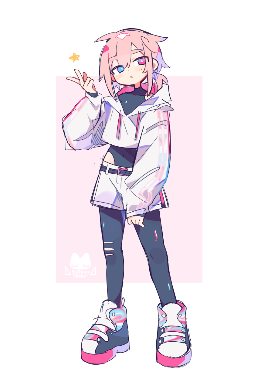 1boy absurdres artist_logo belt black_belt black_bodysuit black_shoes blue_eyes bodysuit bright_pupils commentary_request covered_navel cropped_hoodie drawstring full_body hand_up heterochromia highres hood hood_down hoodie logo long_sleeves male_focus multicolored_shoes original pink_eyes pink_hair pink_shoes ponytail raito-kun_(uenomigi) shoes short_hair short_ponytail shorts sneakers solo standing star_(symbol) torn_bodysuit torn_clothes uenomigi white_hoodie white_pupils white_shoes white_shorts