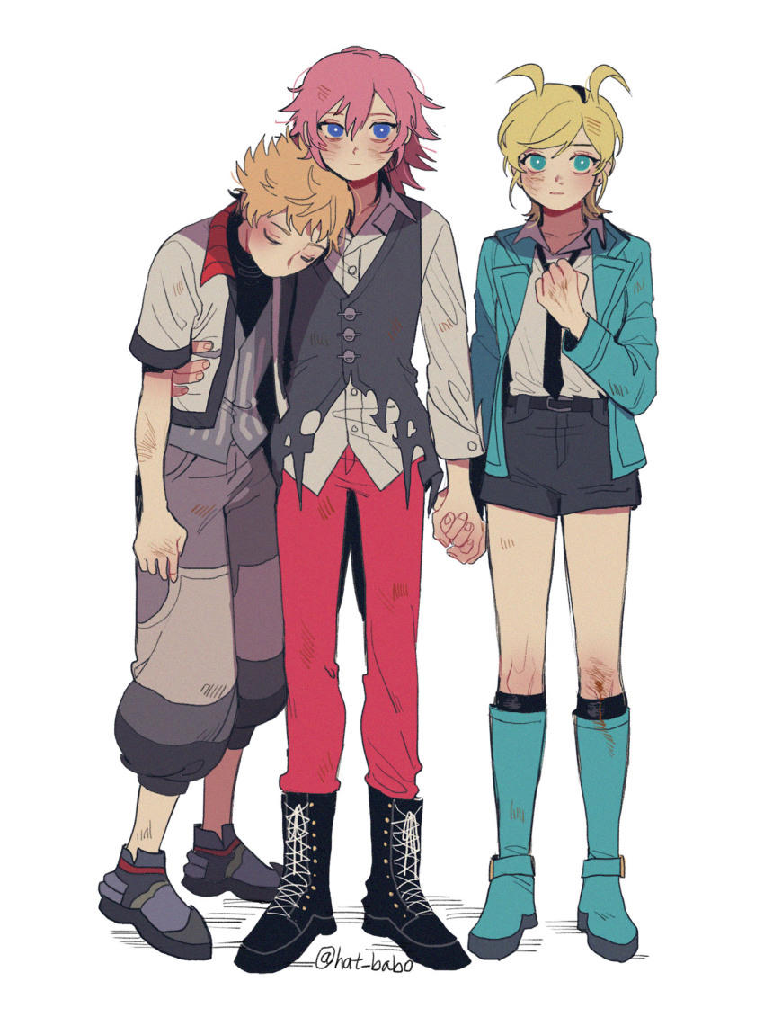 1girl 2boys blonde_hair blue_eyes blush collared_shirt elrena hat_babo highres holding_hands jacket kingdom_hearts kingdom_hearts_x lauriam leaning_on_person long_sleeves looking_at_viewer multiple_boys pants pink_hair shirt short_hair shorts standing ventus_(kingdom_hearts) vest white_background white_shirt