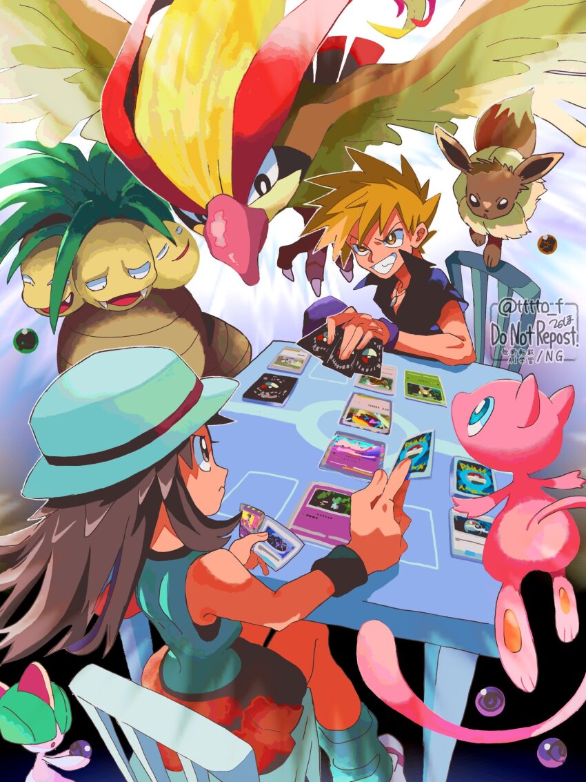 1boy 1girl black_shirt blue_oak brown_eyes brown_hair chair closed_mouth commentary_request eevee exeggutor game_freak gen_1_pokemon gen_3_pokemon grin hat highres holding jewelry leaf_(pokemon) legendary_pokemon long_hair mew_(pokemon) mythical_pokemon necklace nintendo orange_hair pidgeot pokemon pokemon_(creature) pokemon_card pokemon_frlg pokemon_tcg pokemon_tcg_pocket ralts red_skirt shirt simple_background sitting skirt sleeveless smile spiked_hair table tofu_(tttto_f) twitter_username white_hat
