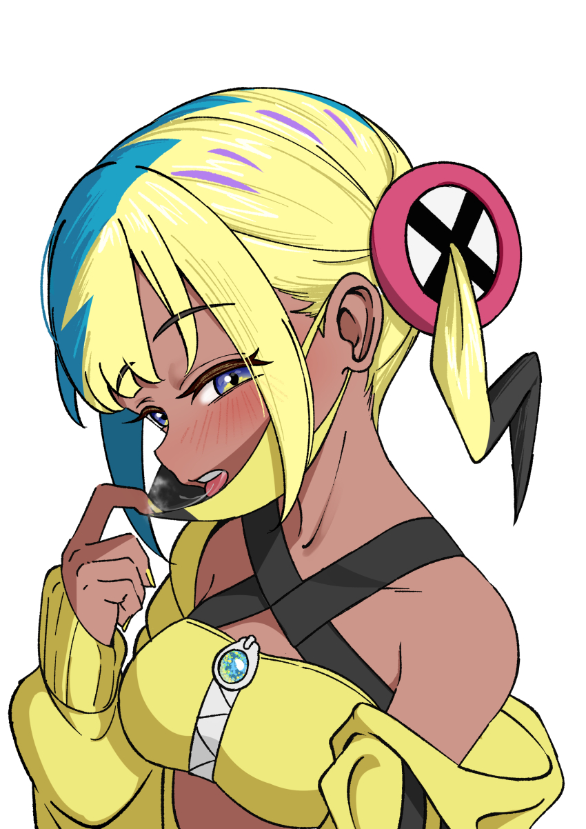 1girl absurdres bandeau blue_eyes blush breath canari_(pokemon) commentary_request diuda half-closed_eyes head_tilt highres jacket long_sleeves mask mask_pull mouth_mask multicolored_hair nail_polish nintendo off_shoulder open_mouth pokemon pokemon_legends:_z-a saliva saliva_trail short_twintails simple_background solo teeth tongue tongue_out twintails upper_body upper_teeth_only white_background yellow_bandeau yellow_jacket yellow_nails zipper zipper_pull_tab