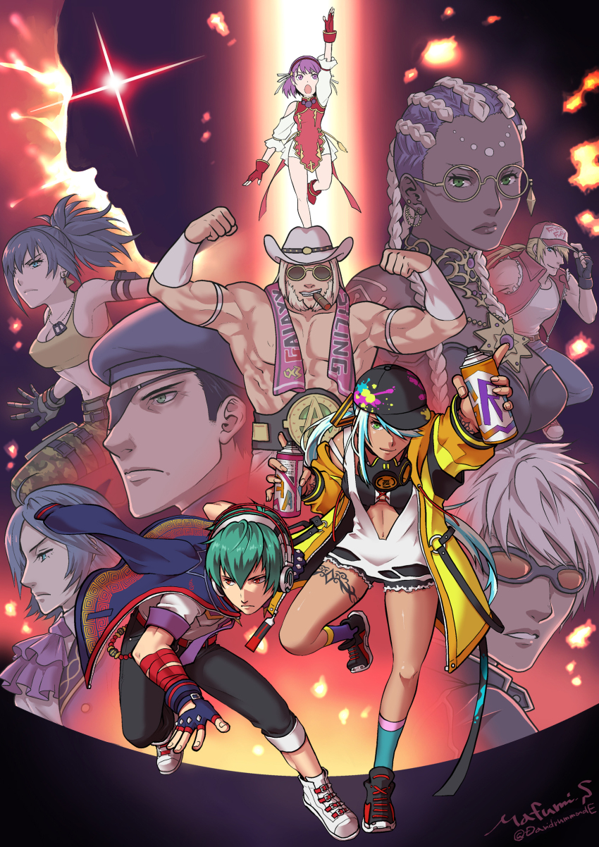 5boys 5girls antonov_(kof) asamiya_athena bare_shoulders baseball_cap beret black_footwear black_hat black_pants blonde_hair blue_gloves blue_hair blue_hat blue_pants braid camouflage camouflage_pants can cargo_pants china_dress chinese_clothes commentary_request crop_top denim dolores_(kof) dress elisabeth_blanctorche eyepatch fingerless_gloves floating gloves goggles green_eyes green_hair hair_over_one_eye hat heidern highres holding holding_can isla_(kof) jeans leona_heidern looking_at_viewer mammon_(obey_me!) medium_hair multicolored_hair multiple_boys multiple_girls muscular muscular_male pants ponytail purple_hair red_dress red_hair sakura_mafumi shirt shoes shun&#039;ei smile sneakers spray_can squatting sunglasses terry_bogard the_king_of_fighters white_footwear white_hair yellow_shirt
