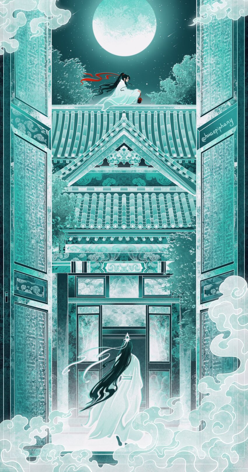 2boys absurdres architecture black_hair blue_theme building chinese_clothes closed_eyes commentary door east_asian_architecture english_commentary full_moon hair_ribbon hanfu high_ponytail highres holding_jug huaepiphany jug_(bottle) lan_wangji long_hair long_sleeves modao_zushi moon multiple_boys night on_roof outdoors ponytail red_ribbon ribbon ribboned_xiao_guan shooting_star sitting sitting_on_roof sliding_doors smoke stairs star_(sky) stone_stairs tree twitter_username walking wei_wuxian white_hanfu white_ribbon wide_sleeves wind wind_lift xiao_guan_(headdress)