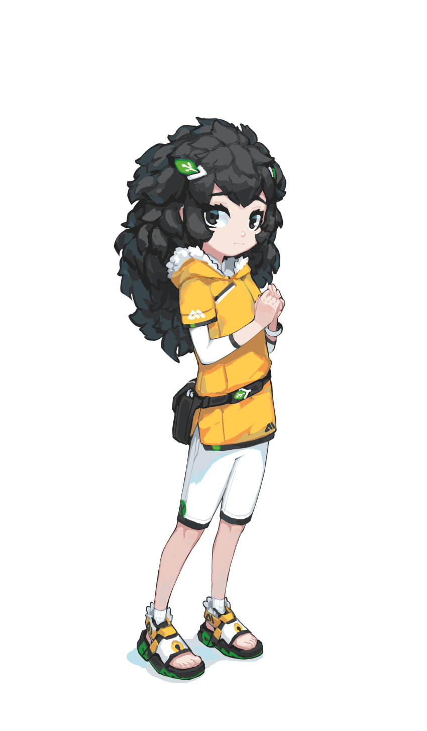 1girl 2023 absurdres bike_shorts black_eyes black_hair bracelet chinese_commentary closed_mouth commentary english_commentary fluffy_hair hair_ornament half-sleeves highres hood hoodie jewelry krita_(medium) leaf_hair_ornament leaf_ornament long_hair looking_at_viewer nervous original qiuye_the_spirit_dhole_(human_form) raised_inner_eyebrows sandals shirt shorts shy signature simple_background smartwatch socks spirit_animals_in_disguise sports_sandals standing three_quarter_view tight_clothes tight_shirt toeless_legwear tsurime tyson_tan waist_bag watch white_shorts white_socks wristband wristwatch yellow_hoodie