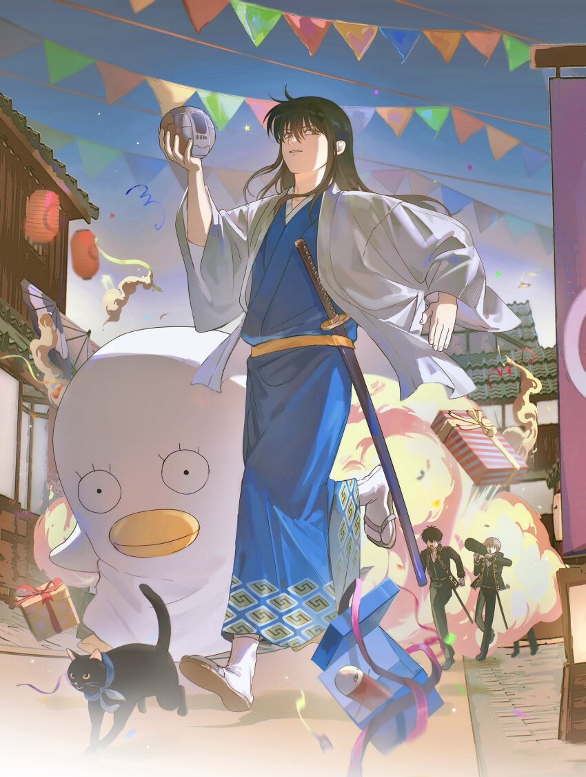 1other 3boys animal ball black_cat black_hair black_jacket black_pants blue_kimono bomb box cat commentary confetti elizabeth_(gintama) explosive full_body gift gift_box gintama grey_haori gun haori highres hijikata_toushirou holding holding_bomb holding_gun holding_weapon jacket japanese_clothes justaway katana katsura_kotarou kimono lantern long_hair long_sleeves multiple_boys okita_sougo outdoors pants paper_lantern rocket_launcher rpg_(weapon) running sandals sheath sheathed shinsengumi_(gintama) short_hair sky soccer_ball string_of_flags sword tabi uuqt7 weapon wide_sleeves zouri