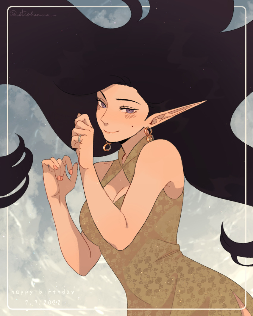 1girl black_hair breasts cleavage cleavage_cutout clothing_cutout commentary dated dress earrings english_commentary green_dress happy_birthday highres infinity_symbol jewelry large_breasts long_hair mole mole_on_cheek original pink_nails pointy_ears purple_eyes ring side_slit smile solo steohsama very_long_hair