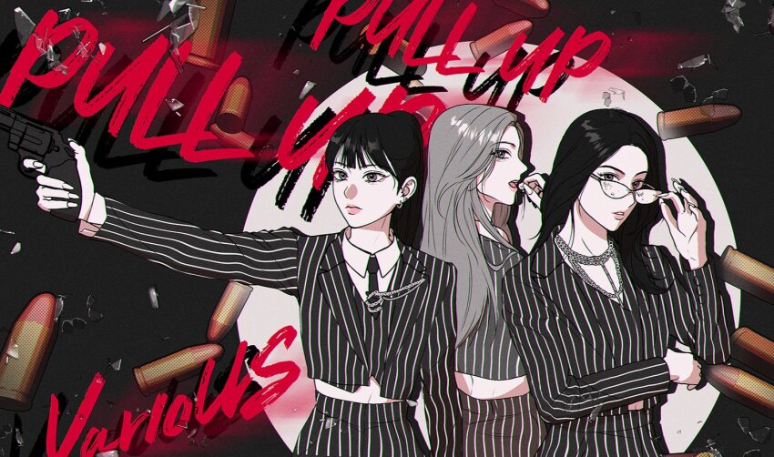 3girls album_name blunt_bangs bullet collared_shirt eunha_(gfriend) formal_clothes gfriend glasses gun hashtag-only_commentary holding holding_gun holding_weapon k-pop long_hair looking_back multiple_girls pink_lips ponytail real_life shirt sinb_(gfriend) song_name spotlight suit umji_(gfriend) upper_body vertical-striped_suit viviz weapon yuringi