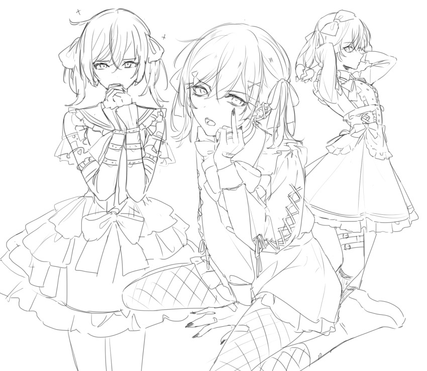 1girl black_nails bow closed_mouth dress full_body genderswap genderswap_(mtf) greyscale hair_bow highres jewelry looking_at_viewer middle_finger monochrome multiple_hair_bows nyamnyam0502 open_mouth own_hands_together paradox_live ring sitting solo twintails yatonokami_kanata