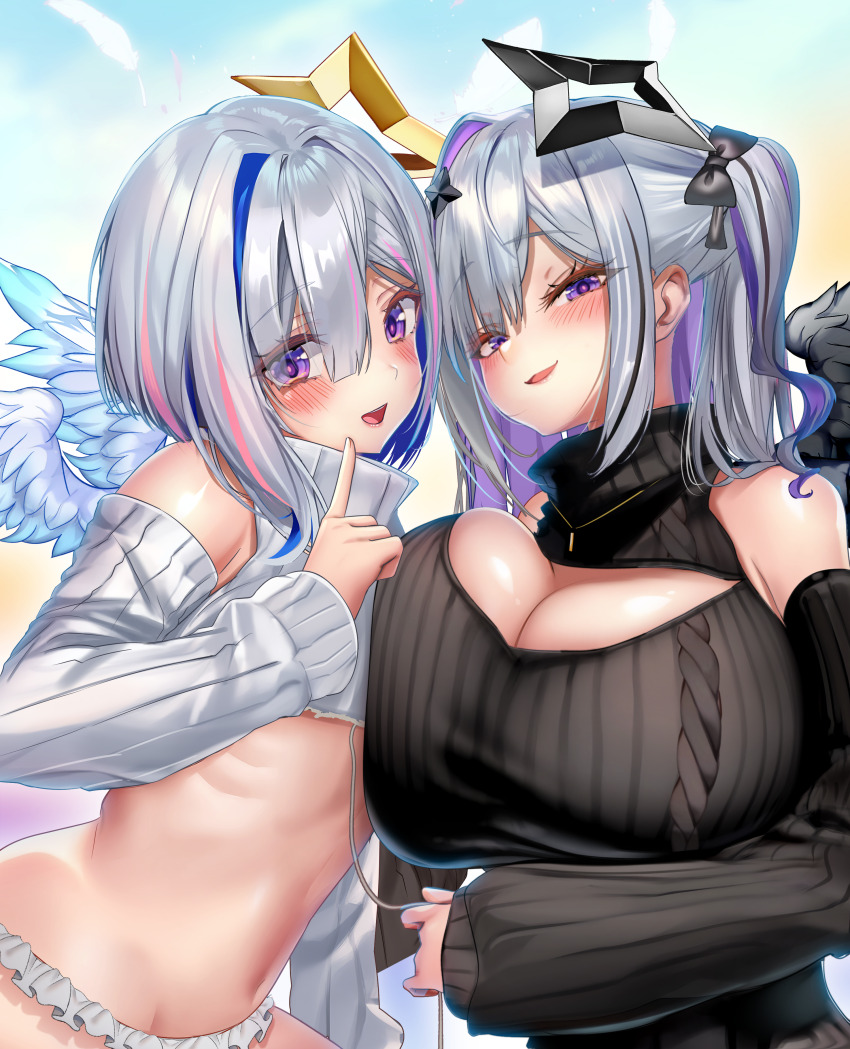 2girls absurdres amane_kanata amane_konata angel angel_wings asymmetrical_docking black_dress black_hair black_ribbon blue_hair blush breast_press breasts cleavage cleavage_cutout clothing_cutout crop_top dress grey_skirt grey_sweater hair_ornament hair_ribbon highres hololive jagoo large_breasts long_hair looking_at_viewer miniskirt multicolored_hair multiple_girls open_mouth purple_eyes purple_hair ribbon short_hair shoulder_cutout siblings sisters skirt star_(symbol) star_hair_ornament streaked_hair sweater turtleneck turtleneck_dress turtleneck_sweater twins very_long_hair virtual_youtuber wings