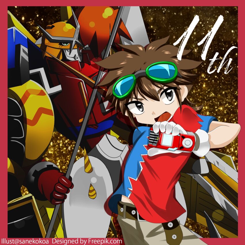 armor digimon digimon_(creature) drill goggles goggles_on_head highres kudou_taiki robot shoutmon_x7